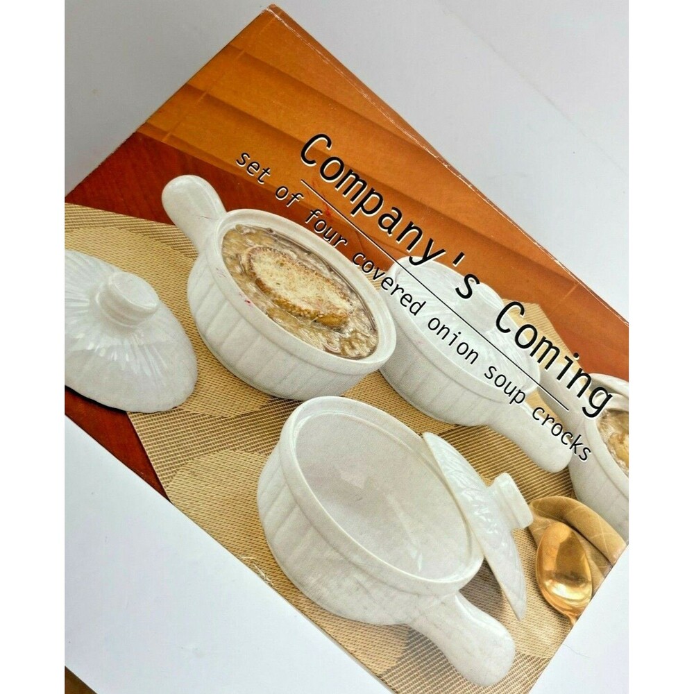 Company's Coming Covered Onion Soup Crocks Bowls White Set of 4 Stoneware